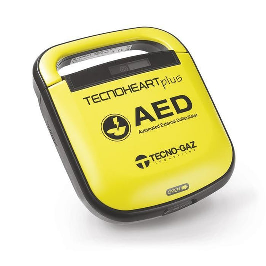 Tecnoheart Plus semi-automatic AED defibrillator in bright yellow design, portable and user-friendly.