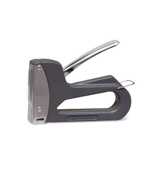Manual stapler TECNICA 8 108 for upholstery, fabric covering, and decor with ABS body and chrome steel front.