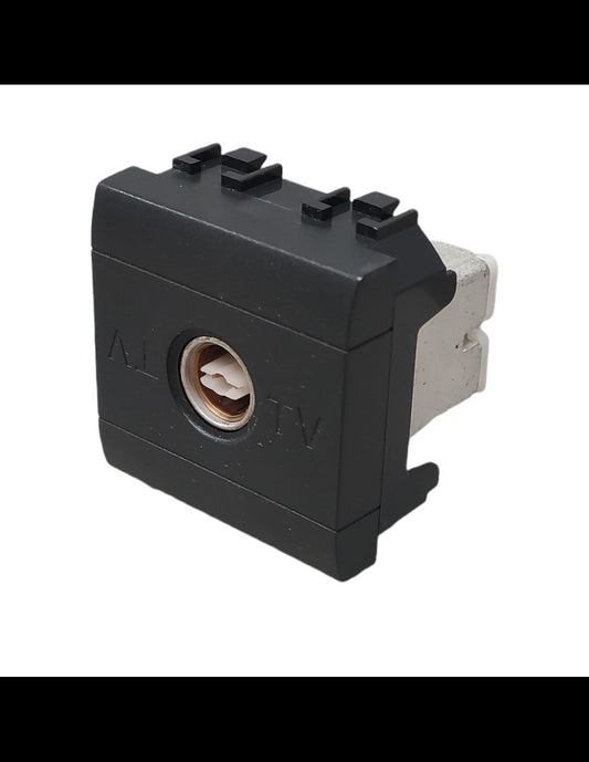 L4201P/2 Presa TV Passante Femmina, black wall socket for TV with two modules, ideal for home audio-visual setups.