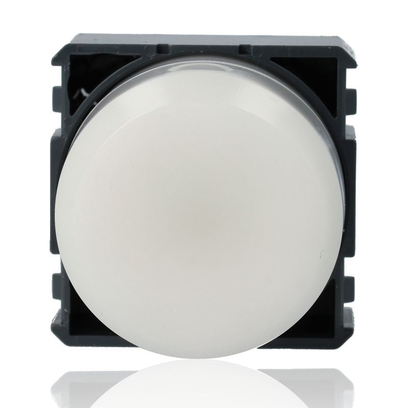 Round white LED light button switch with black casing for electronic devices.