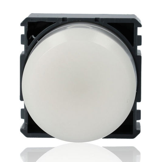 Round white LED light button switch with black casing for electronic devices.