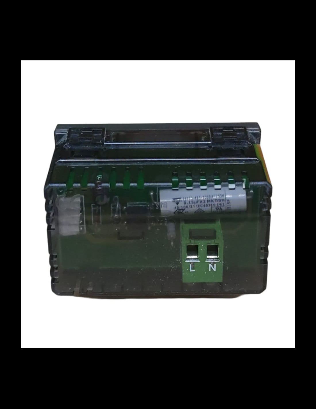 Product image of an electronic device, showcasing connections and components for use in 230V installations.