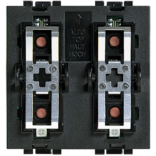 Bticino LivingLight double actuator switch for single and double load control, compatible with 27Vdc systems.