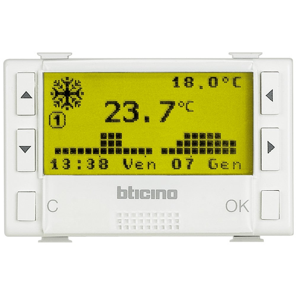 BTicino Matix cronotermostato giornaliero/settimanale, termostato digitale con display e controlli, colore bianco.