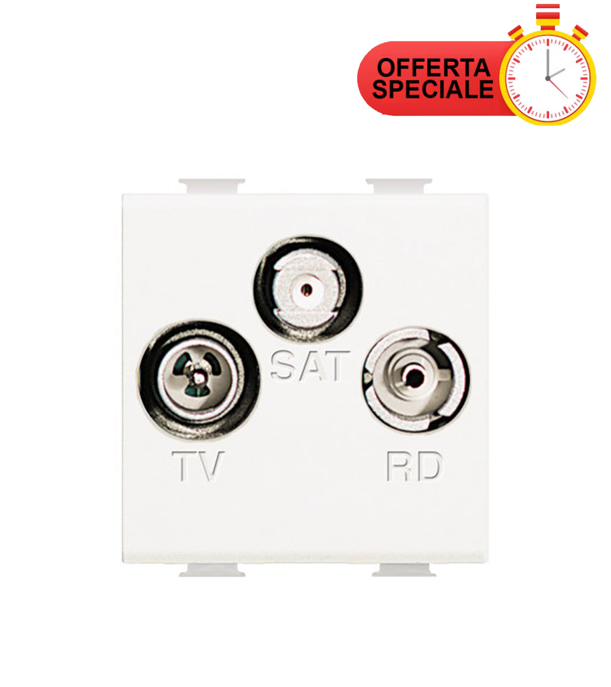 BTICINO N4210D LIGHT three-way socket for TV, FM, SAT connections with special offer badge.