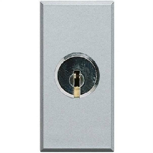 Bticino Axolute key switch 2P 16A in silver finish, compatible with unique removable keys for secure operation.