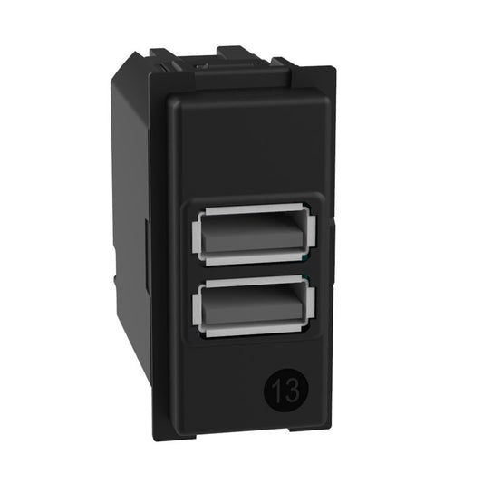 Caricatore doppio USB Bticino Living Now tipo A, design moderno, 2 porte, 15W, compatibile con dispositivi elettronici.