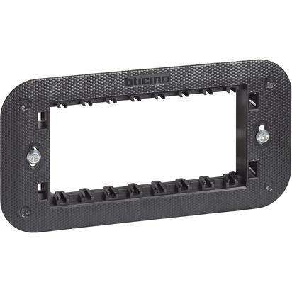 Living Now Supporto 4 moduli K4704 by BTicino, black protective frame for modular installations, dimensions 72mm x 135.5mm.