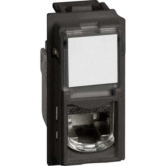 Bticino Living Now toolless RJ45 connector STP cat6 in black for data and phone transmission, single module.