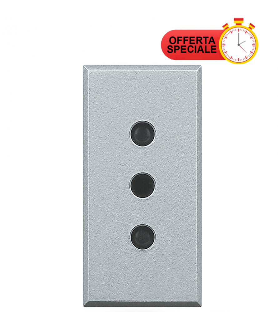 Bticino Axolute 10A electrical socket in grey, featuring three buttons and a special offer badge.