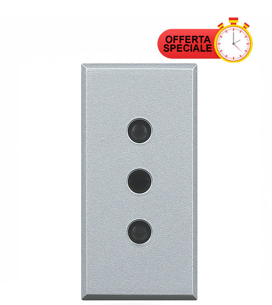 Bticino Axolute 10A electrical socket in grey, featuring three buttons and a special offer badge.