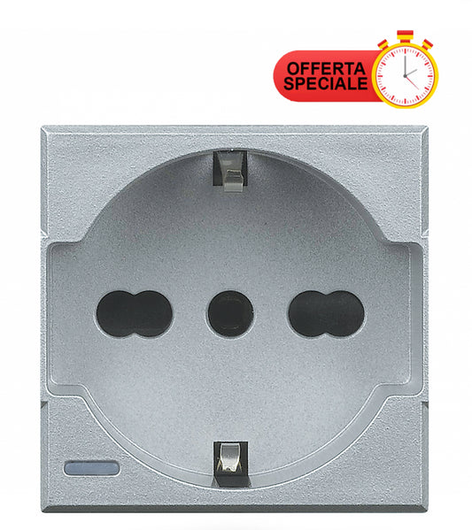 Bticino Axolute Schuko universal socket in gray, featuring special offer label and modern design.