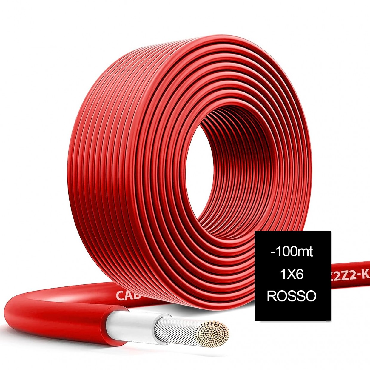 Cavo H1Z2Z2-K rosso 1X6 mm² 100mt per impianti fotovoltaici, temperatura di esercizio -40° a +90°, made in Italy.