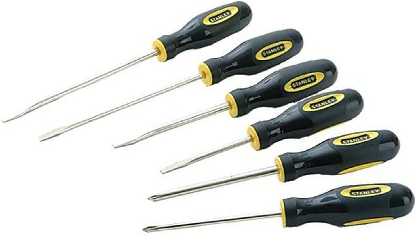 Stanley 0-64-458 Set of 6 ergonomic screwdrivers with anti-slip handles and nickel-plated steel blades.