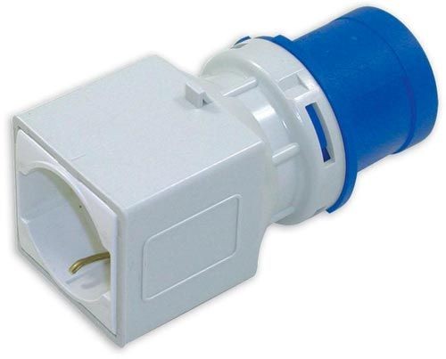 Spina Ind.2P+T 16A Schuko plug with blue and white casing, designed for 10/16A applications, IP20 rated.