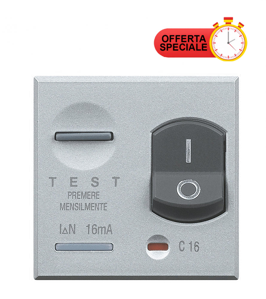 Bticino Axolute differential magnetic switch, 1P+N, 16A, 230V with special offer label.