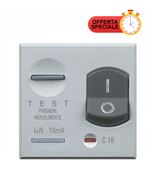 Bticino Axolute differential magnetic switch, 1P+N, 16A, 230V with special offer label.
