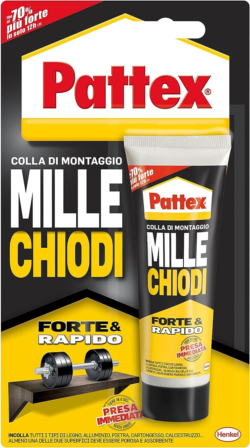 Pattex Mille Chiodi adhesive tube, Forte & Rapido, ideal for quick and temporary bonding, packaging design.