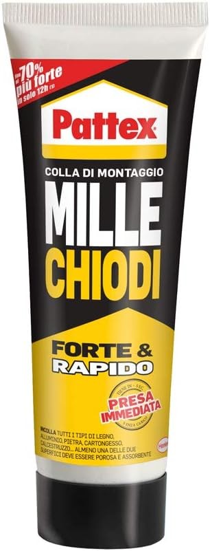 Pattex Mille Chiodi Forte&Rapido 100gr tube, a strong and removable adhesive solution for various surfaces.