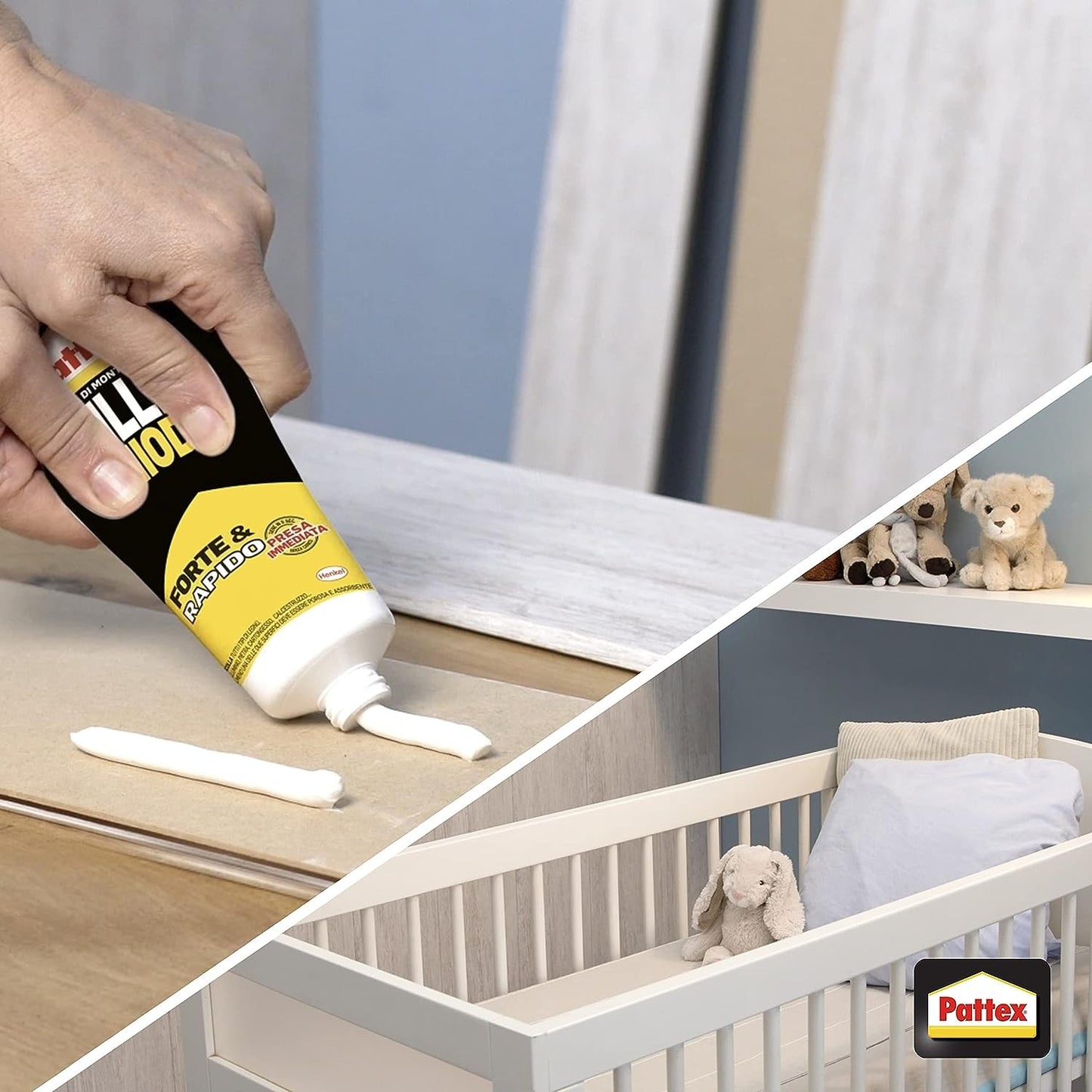 Pattex Millechiodi Forte&Rapido adhesive used for fixing items, showcasing easy application on furniture.
