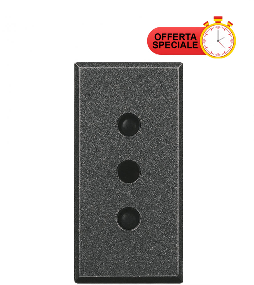 Bticino Axolute 2P+T 10A socket with special offer badge on a black background.