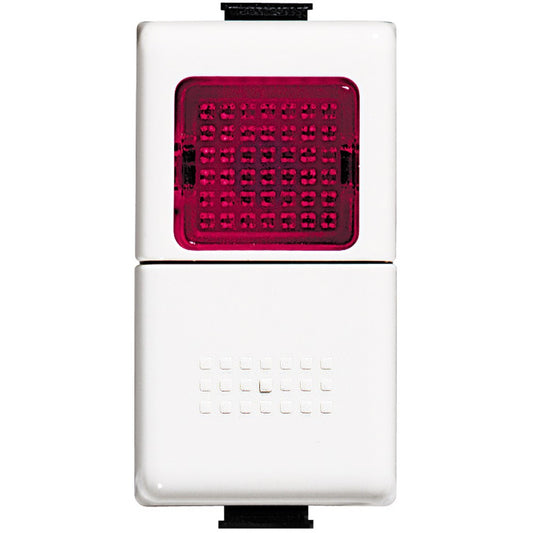 Bticino 24V 1.5W red indicator lamp and push button, 1P NO, 250V AC, white design, ideal for signaling.