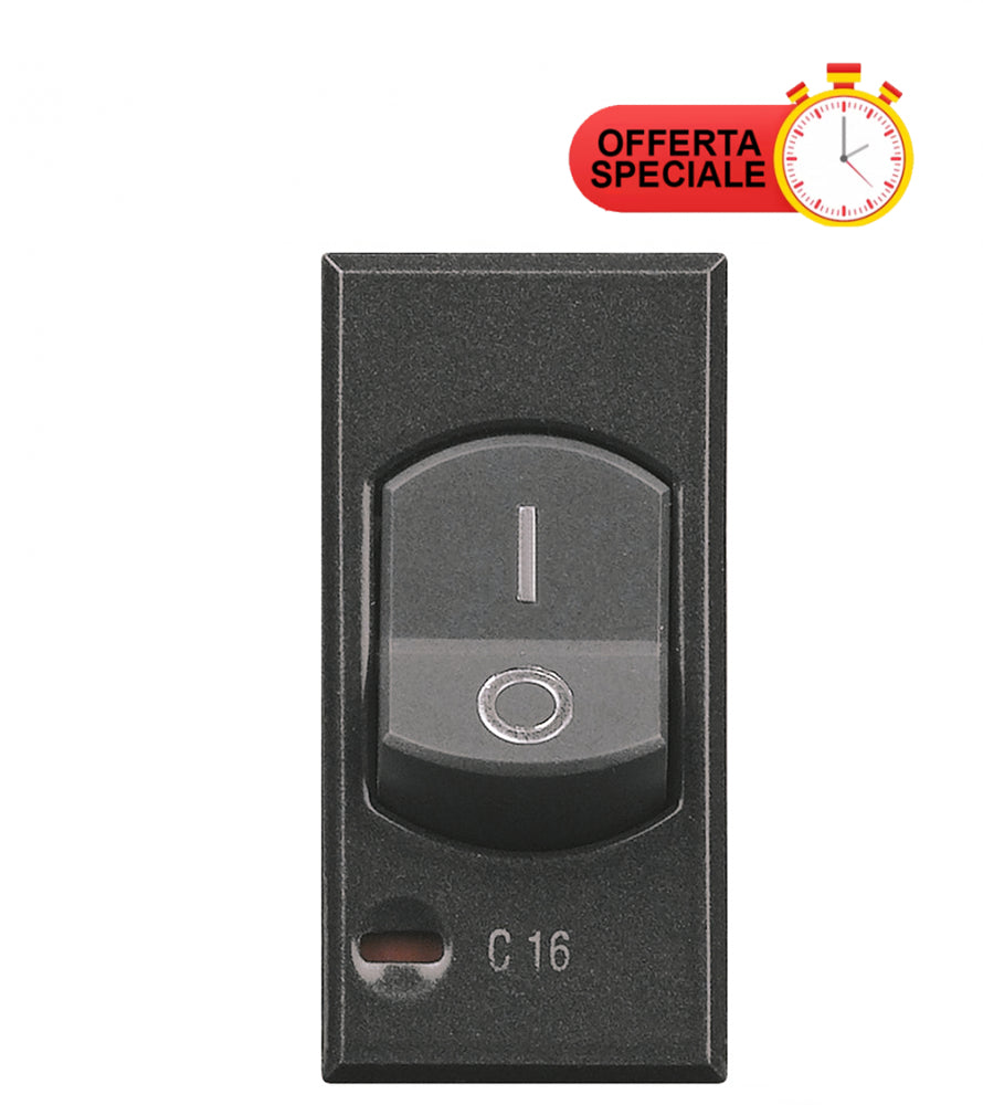 Bticino Axolute 1P+N 16A magnetotermico switch in antracite color with special offer badge.