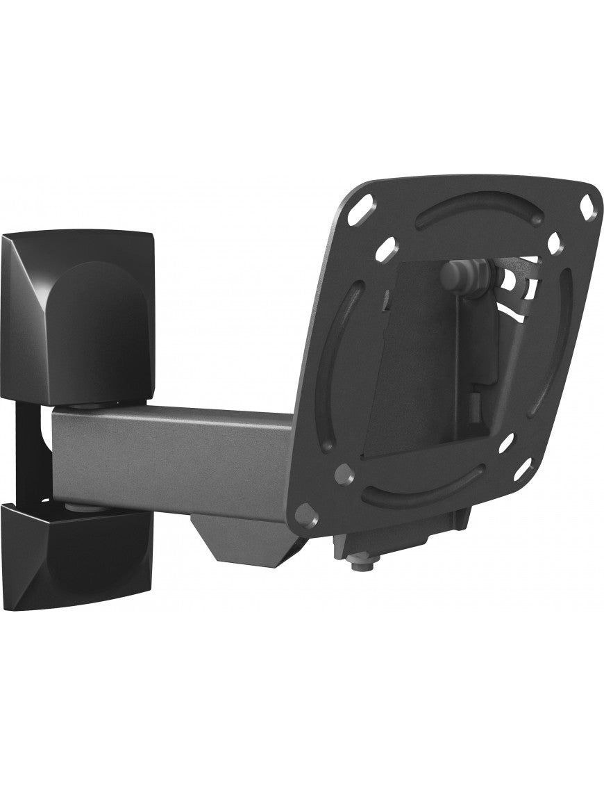 Black tilting wall mount for 26" TVs, VESA compatible 75x75 and 100x100 mm, tool-free adjustment.