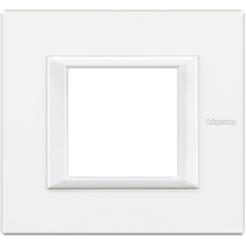 Bticino Axolute 2P white switch plate, metal, 95mm x 104mm, stylish rectangular design.