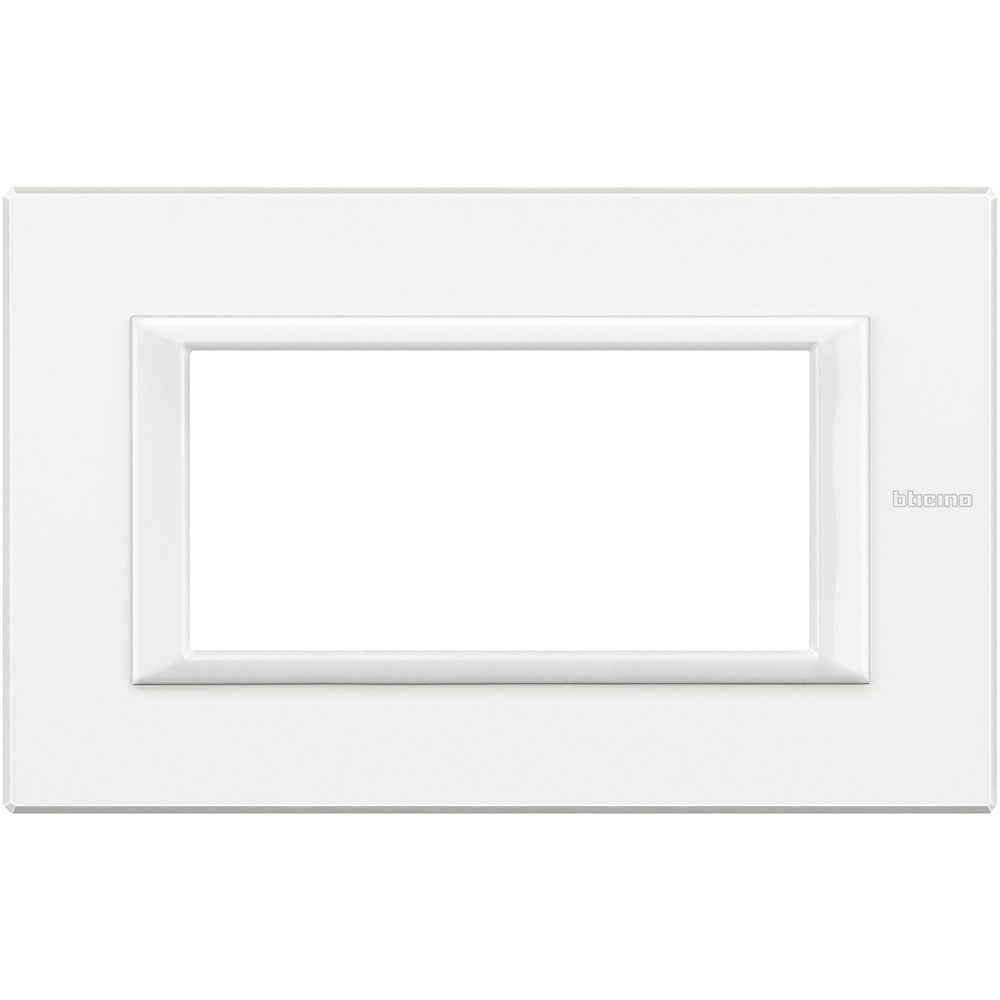 Bticino Axolute 4P metal white switch plate, rectangular design, dimensions 95mm x 150mm, modern electrical accessory.