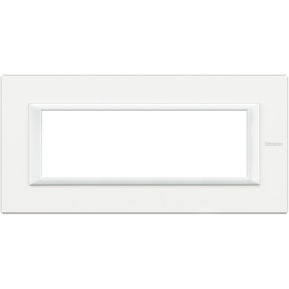 Bticino Axolute 6-module white frame, metal, 95mm height x 195mm width, sleek rectangular design.