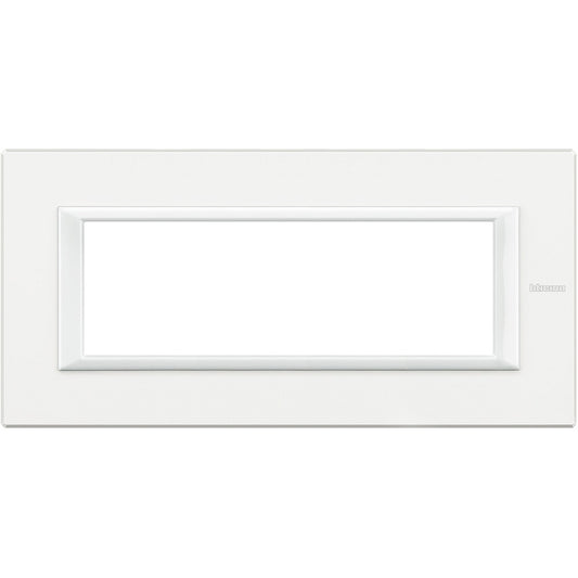 Bticino Axolute 6-module white frame, metal, 95mm height x 195mm width, sleek rectangular design.