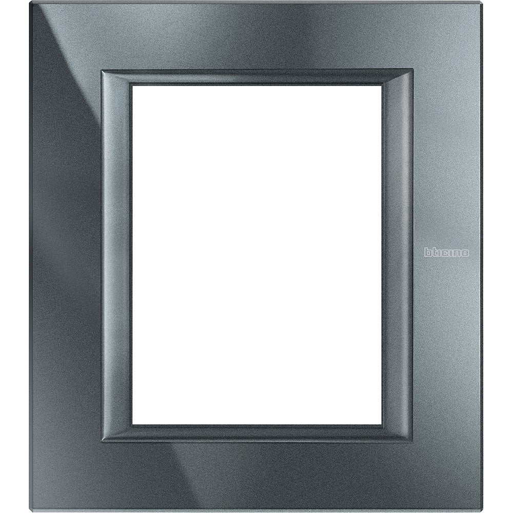 Bticino Axolute 3+3P Antracite metal rectangular frame, dimensions 141.5mm x 127mm, sleek monochrome design.