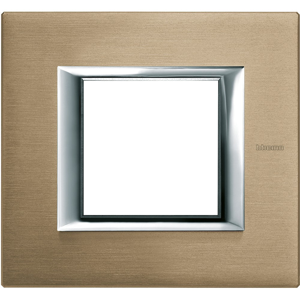 Bticino Axolute rectangular cover plate 2 modules in brushed titanium, 95mm height, 104mm width, modern design.