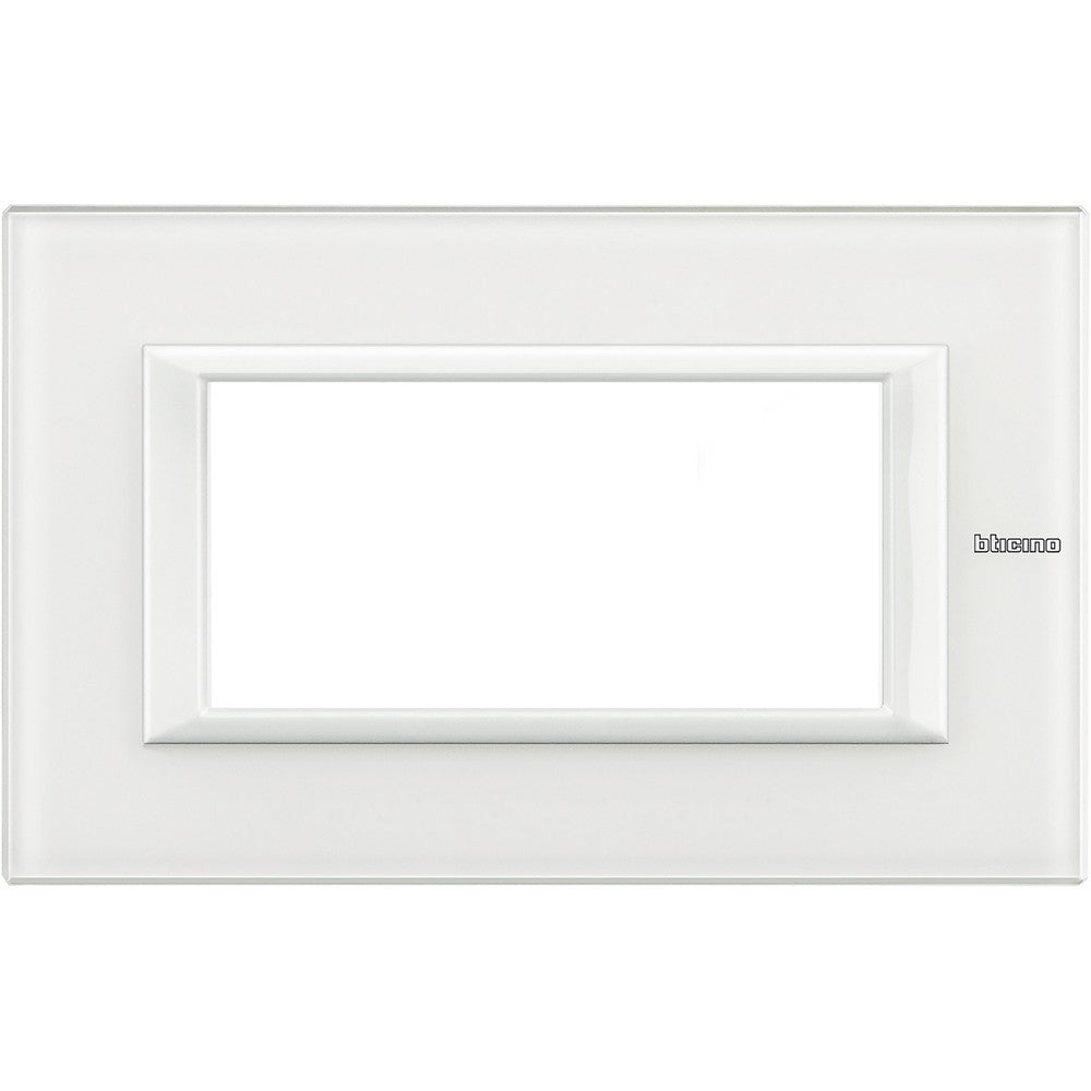 Bticino Axolute white glass switch plate for 4 modules, elegant rectangular design, ideal for modern interiors.