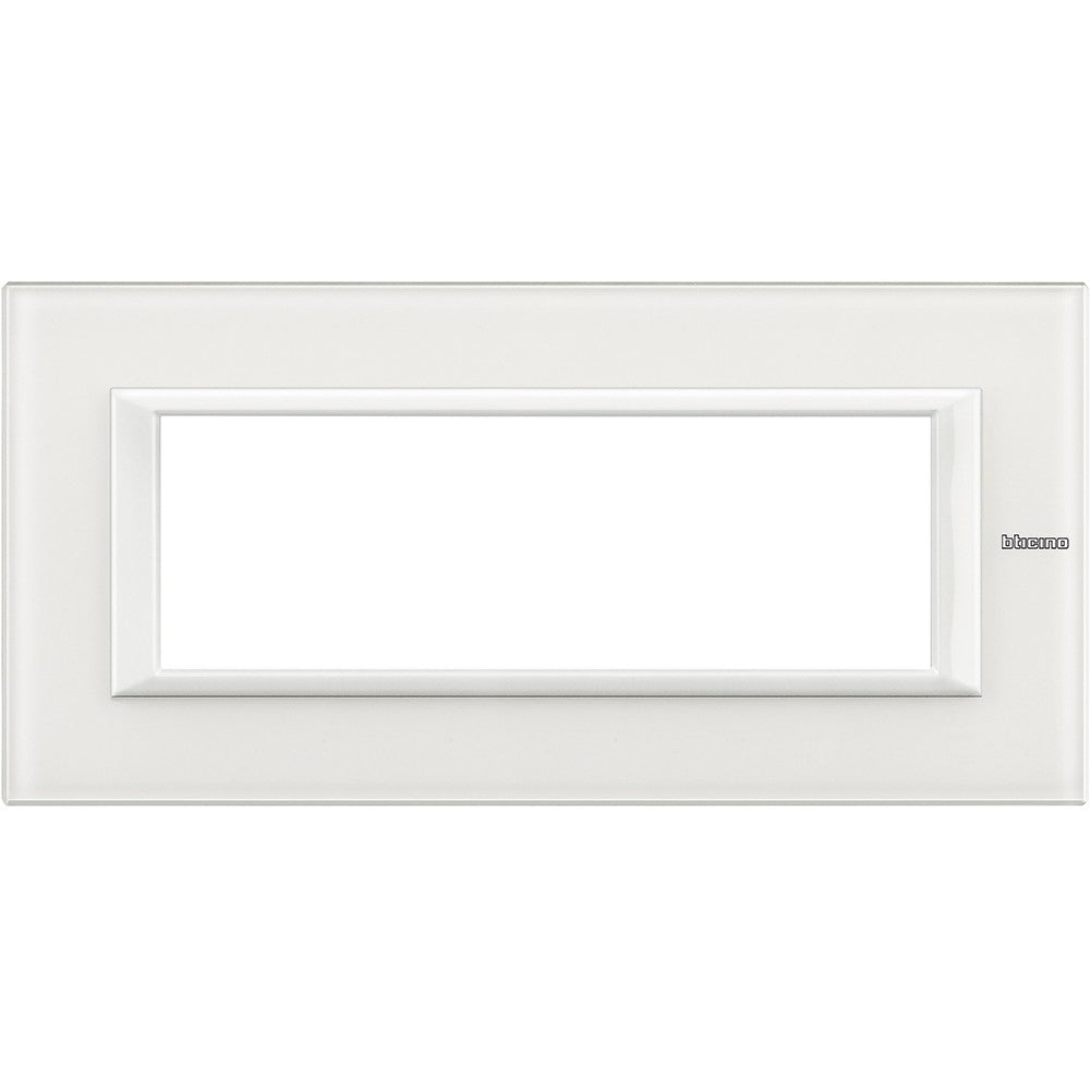 Bticino Axolute 6-module rectangular frame in white glass, model HA4806VBB, for elegant decor.
