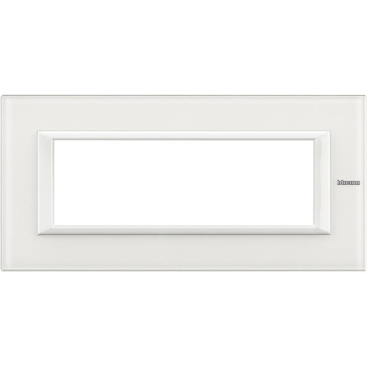 Bticino Axolute 6-module rectangular frame in white glass, model HA4806VBB, for elegant decor.