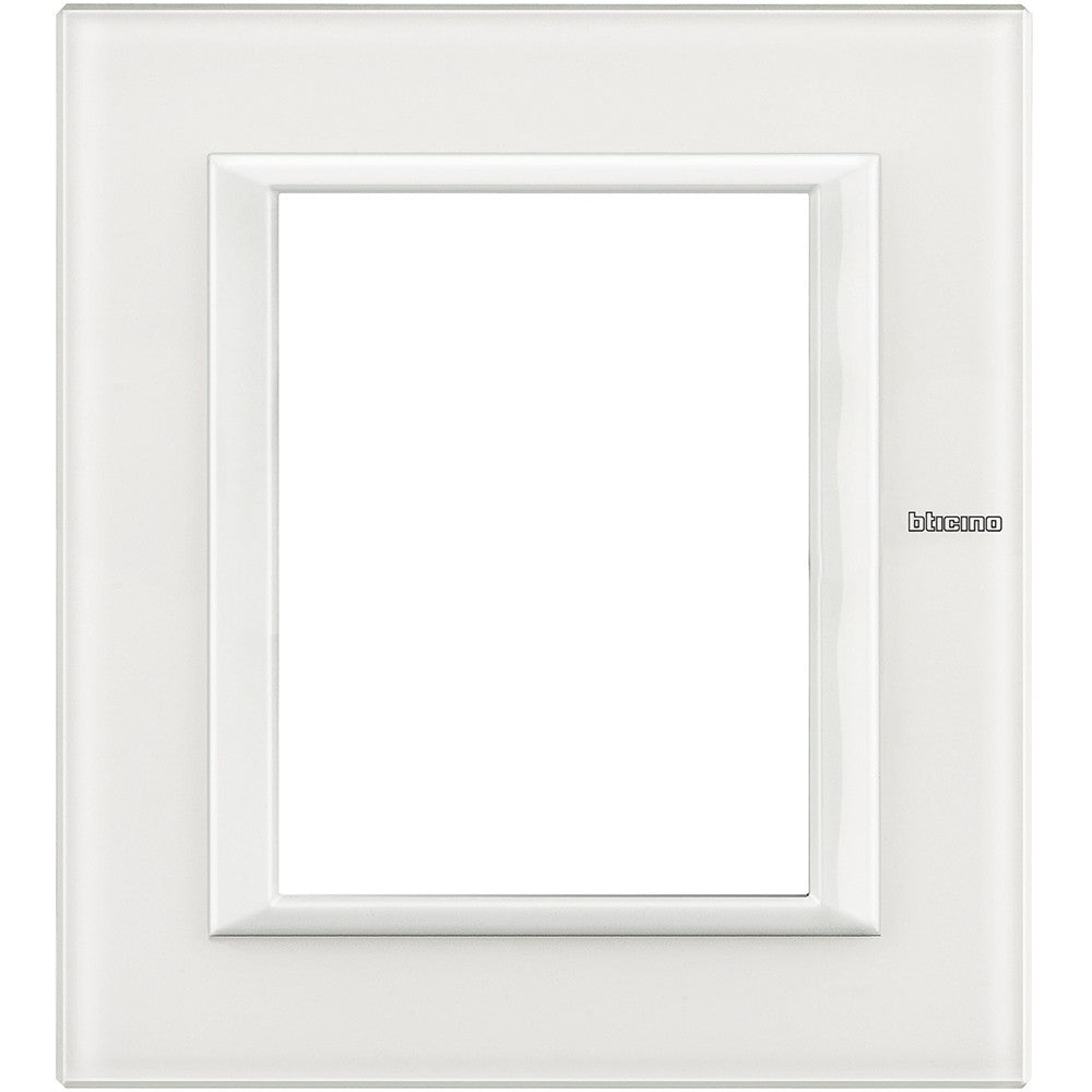 Bticino Axolute white glass frame 3+3 modules, rectangular design, high-quality BTicino brand.