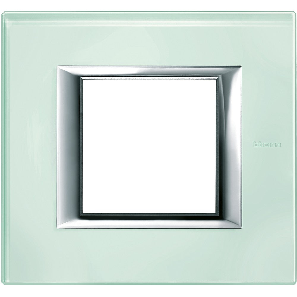 Bticino Axolute Placca 2P Vetro Kristall HA4802VKA - rectangular glass plate with chrome frame, 95x104mm.