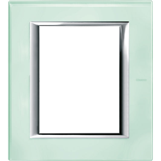 Bticino Axolute Kristall glass plate 3+3 modules, rectangular design, dimensions 141mm x 127mm, elegant chrome finish.