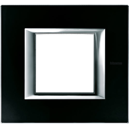 Bticino Axolute black glass cover plate 2 modules, rectangular design, modern style, size 95mm x 104mm.