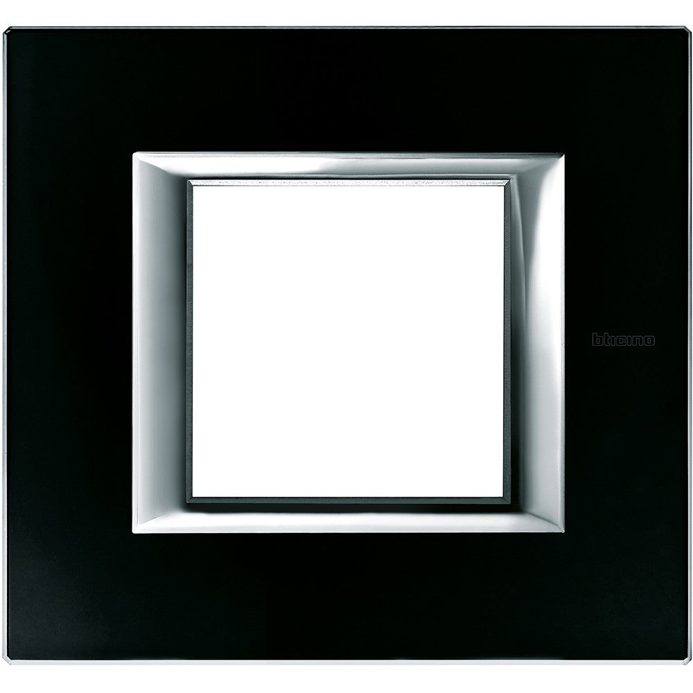 Bticino Axolute 2P rectangular switch frame in black glass, model HA4802VNN, sleek design, 95mm height, 104mm width.