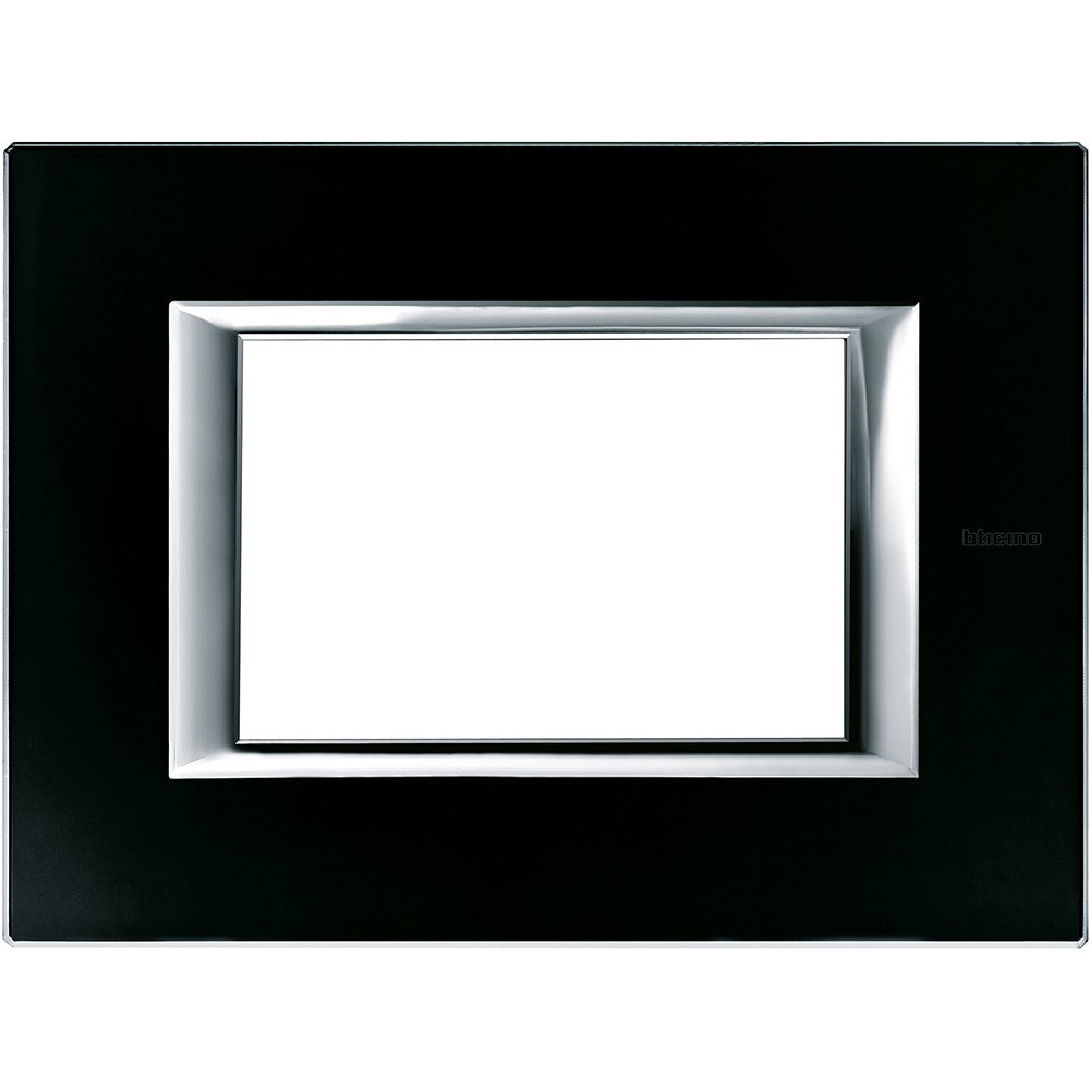 Bticino Axolute black glass switch plate 3 modules, sleek design, 95mm height, 127mm width.