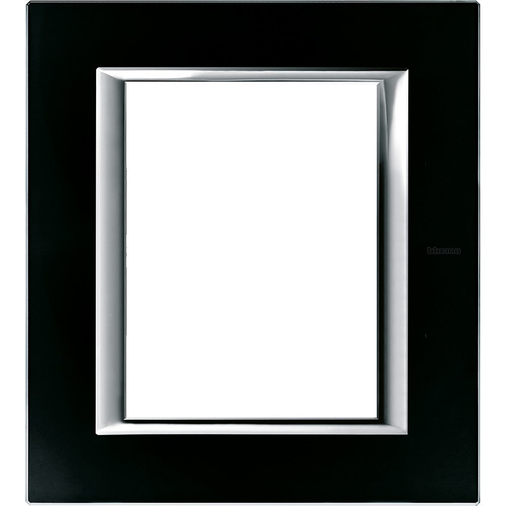 Bticino Axolute rectangular plate 3+3 modules in black glass with chrome border, dimensions 141mm x 127mm.
