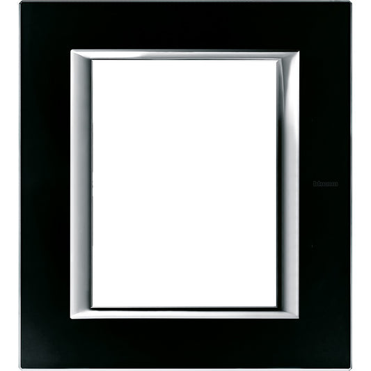 Bticino Axolute rectangular plate 3+3 modules in black glass with chrome border, dimensions 141mm x 127mm.