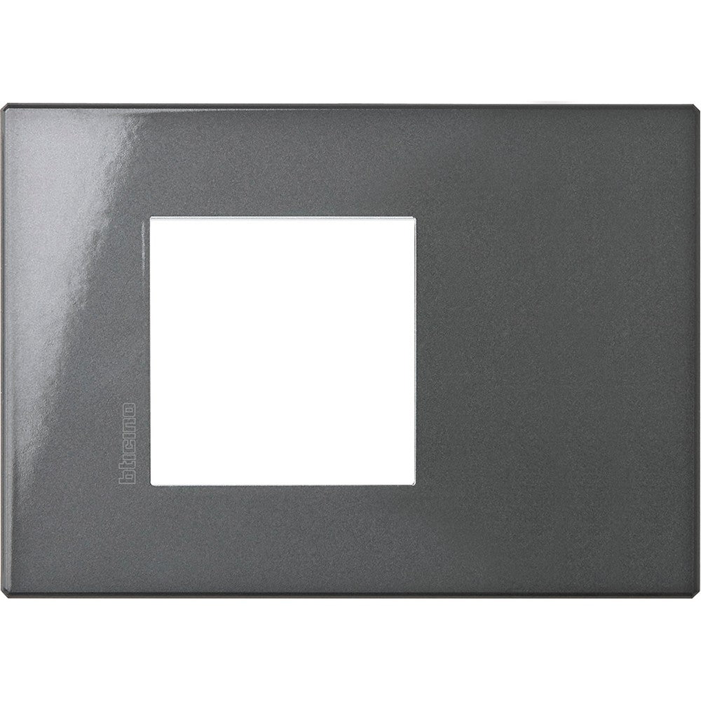 Bticino Axolute Air antracite metal 2 module plate, dimensions 86mm x 122mm, sleek design for modern interiors.