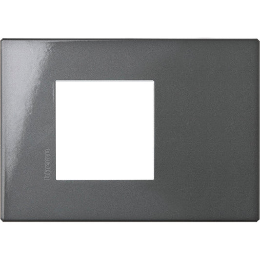 Bticino Axolute Air antracite metal 2 module plate, dimensions 86mm x 122mm, sleek design for modern interiors.