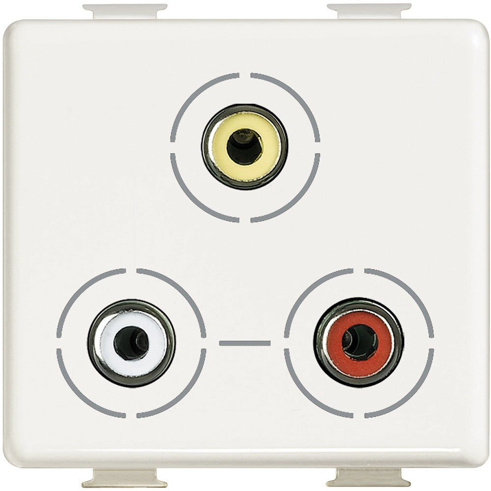BTicino Matix video socket with 3 RCA connectors in white color, ideal for audio and video connections.