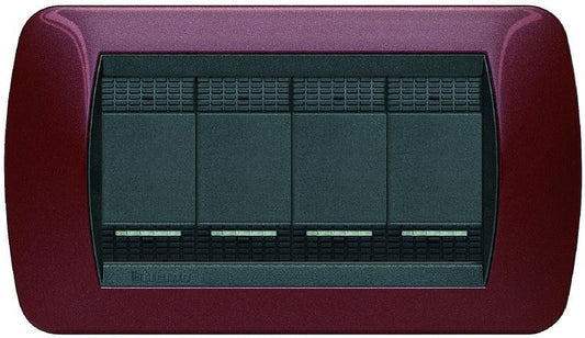 Bticino Living International L4804AT 4-post Amaranto Metal switch plate, dimensions 80mm x 119mm, stylish design.