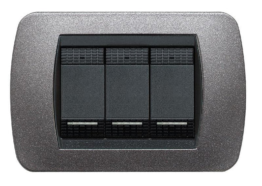 Living Int. Placca 3 posti grafite titanio - BTicino metal switch plate with three modules, 80mm height, and 119mm width.